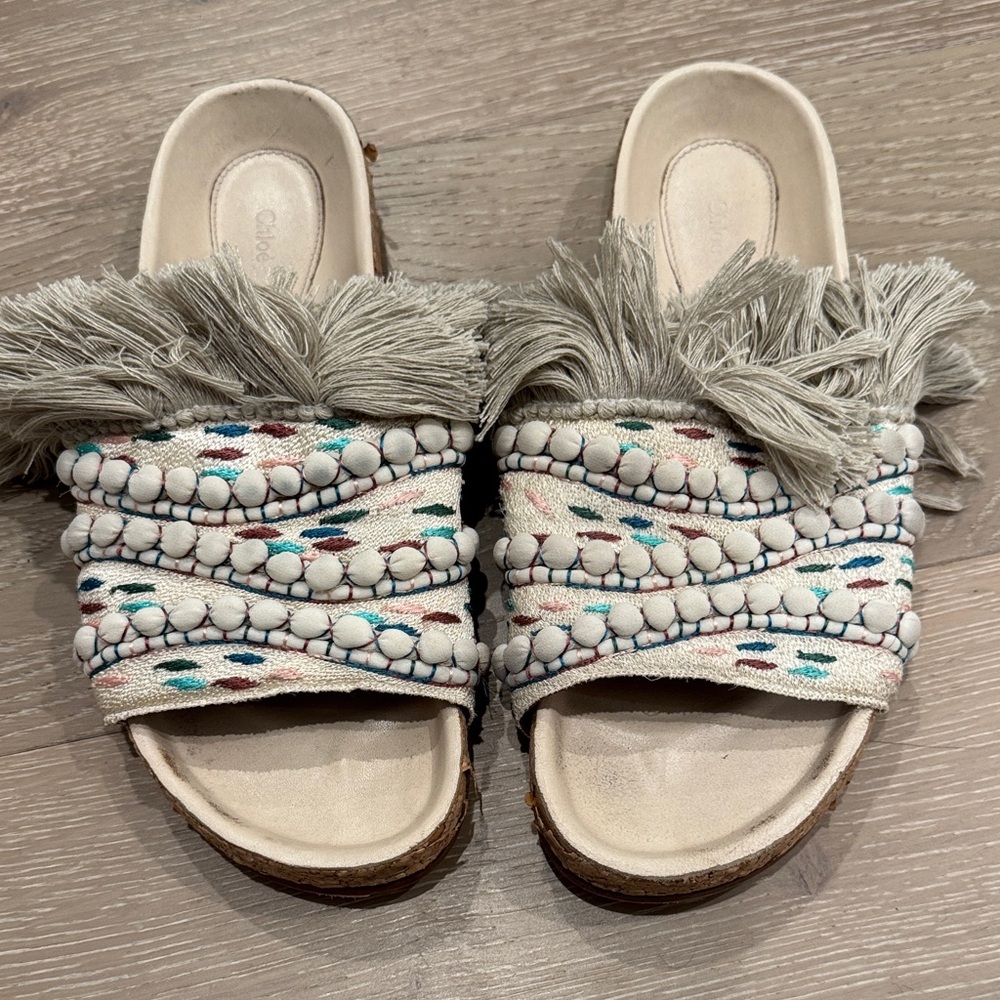 CHLOE Boho Fringe Slide Sandals - White